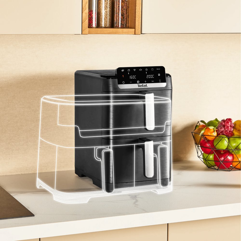 Tefal Easy Fry Crispy Stack, Doppelkammer-Hei&szlig;luftfritteuse, platzsparend und kompakt